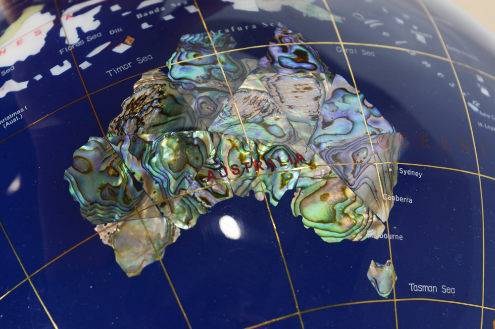 Lapis Lazuli and Gemstone Inlay World Globe with Brass Floor Stand