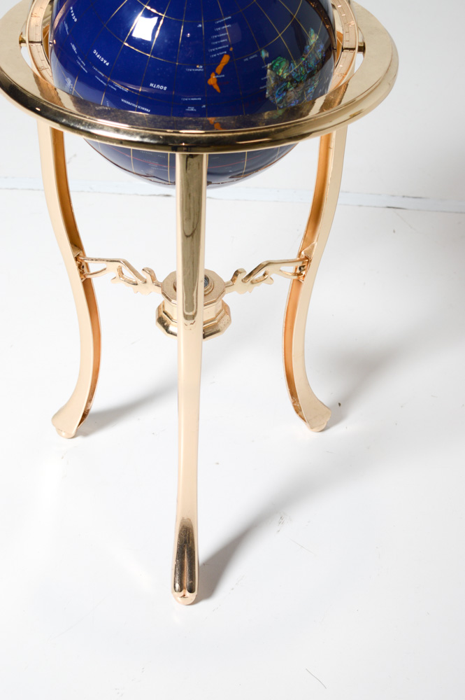 Lapis Lazuli and Gemstone Inlay World Globe with Brass Floor Stand