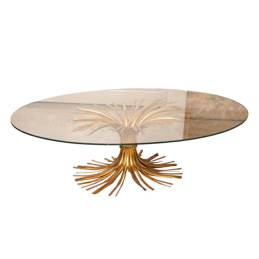 Hollywood Regency Style Glass Top Coffee Table With Wheat Base