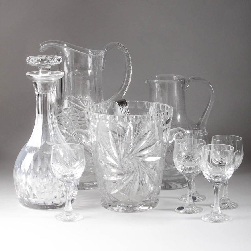 Crystal And Glass Pitchers, Decanters, Ice Bucket and Glasses