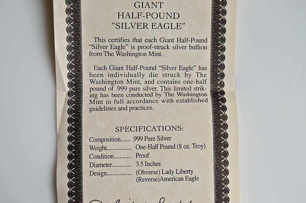 Giant Half-Pound .999 Fine "Silver Eagle"