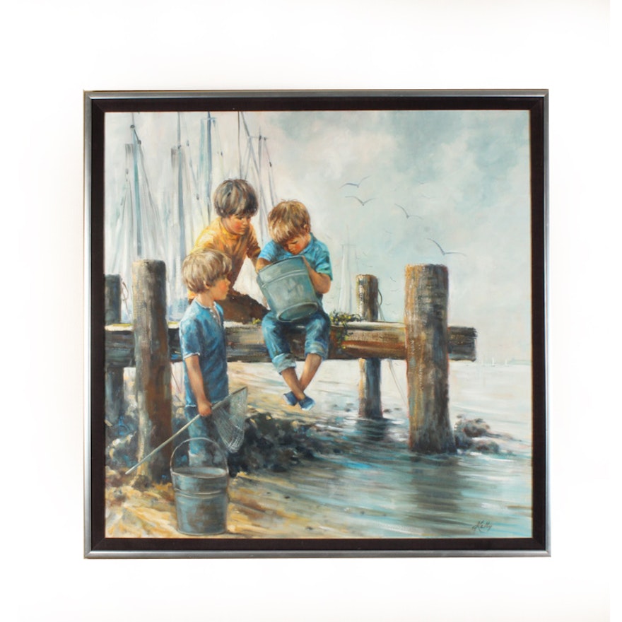 Oil on Canvas Painting of Boys at a Harbor