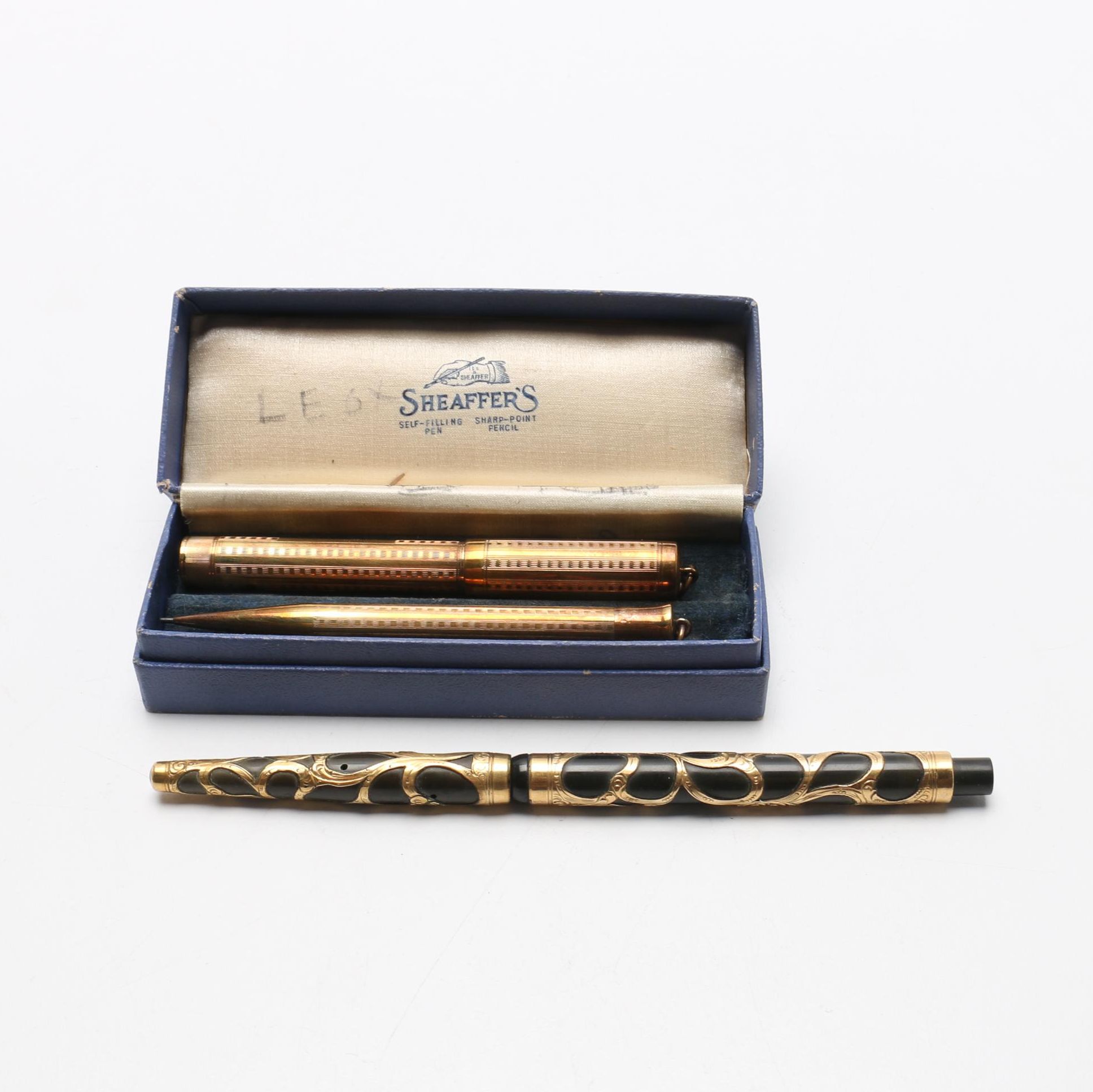 14K Sheaffer's Pen and Pencil Set and Brass Fountain Pen