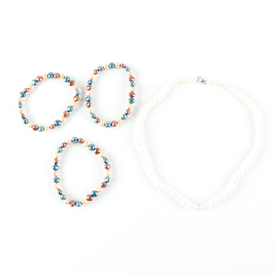 Beaded Cultured Pearl Necklace and Bracelets