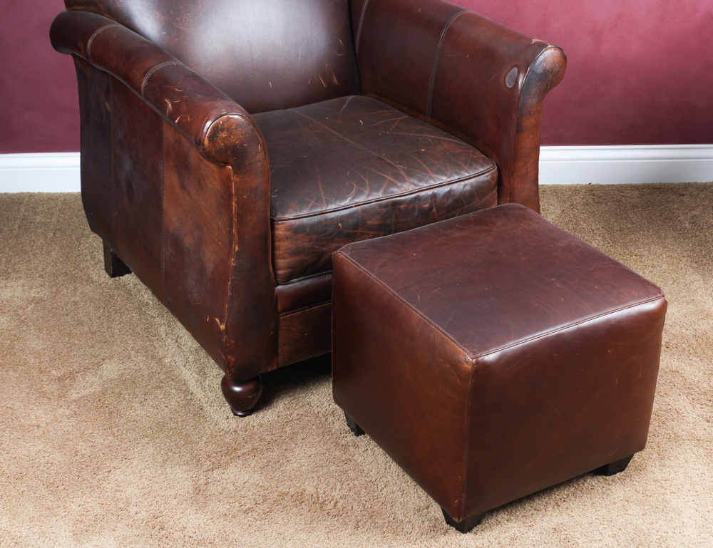 Bernhardt Leather Club Chair With Ottoman