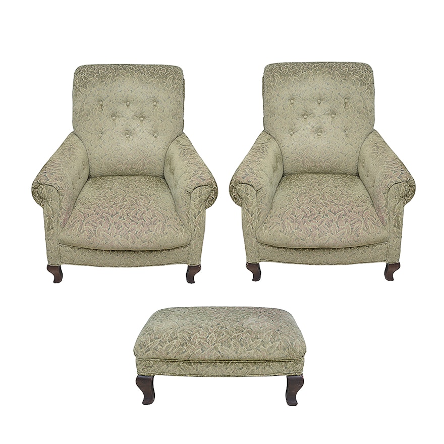 Two Green Upholstered Armchairs With Ottoman