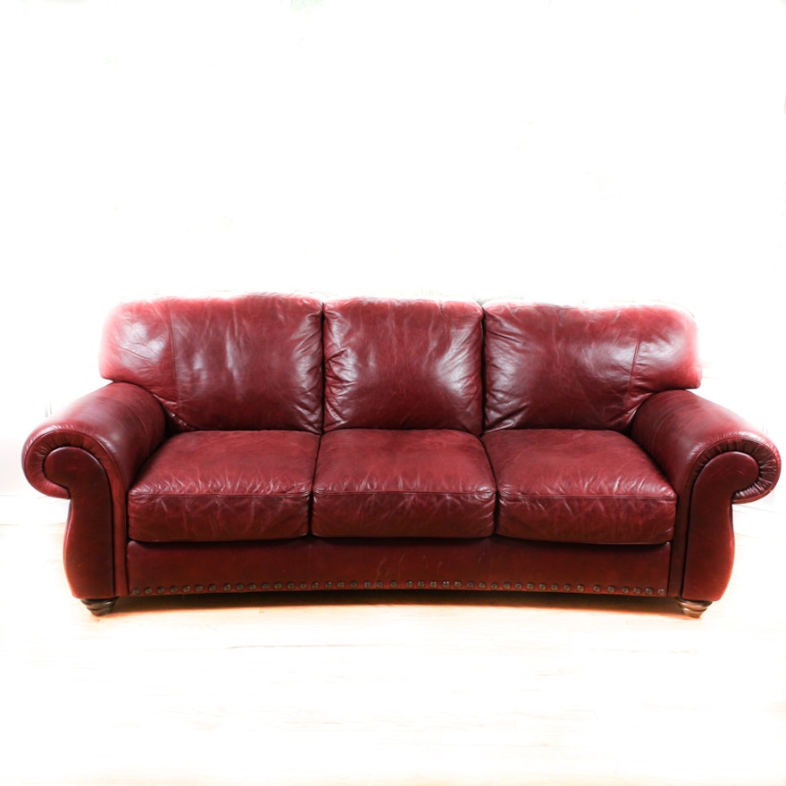 Oxblood Red Leather Upholstered Sofa