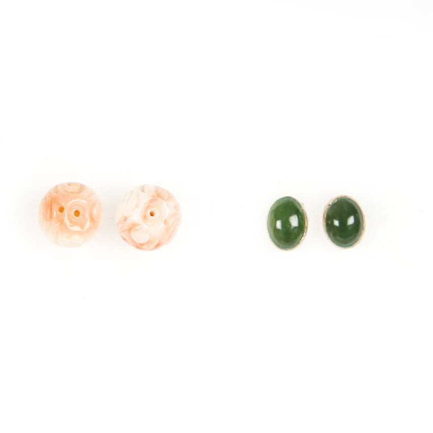 Two Pairs of Jade and Coral Earrings