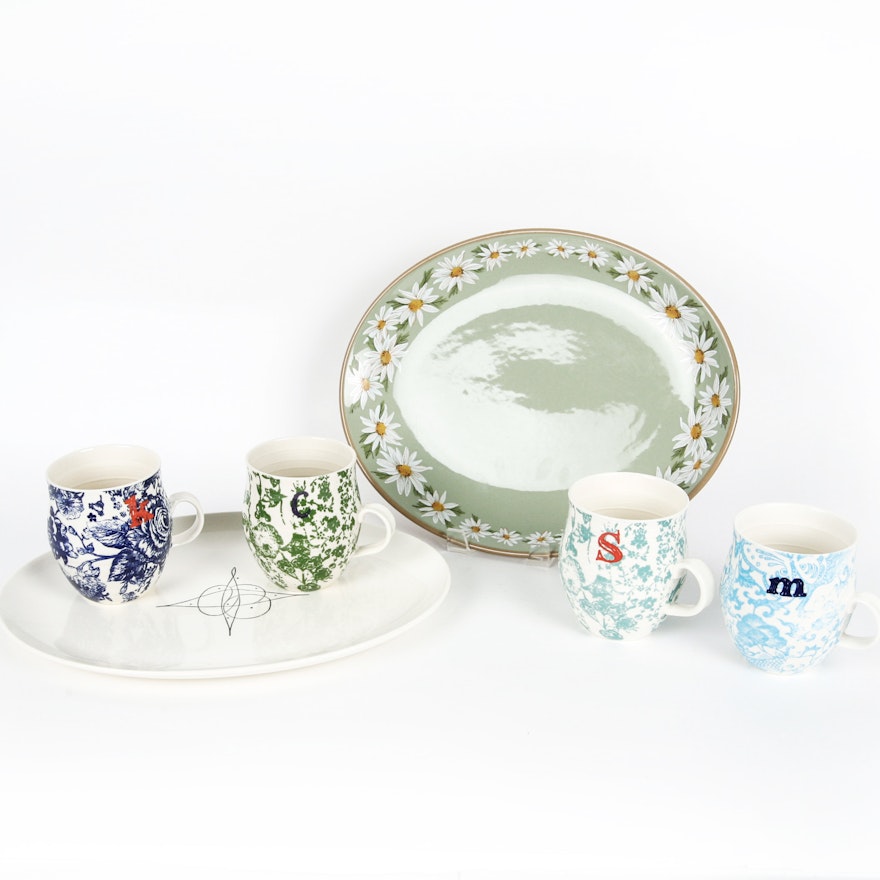 Collection of Plates and Mugs Including Anthropologie