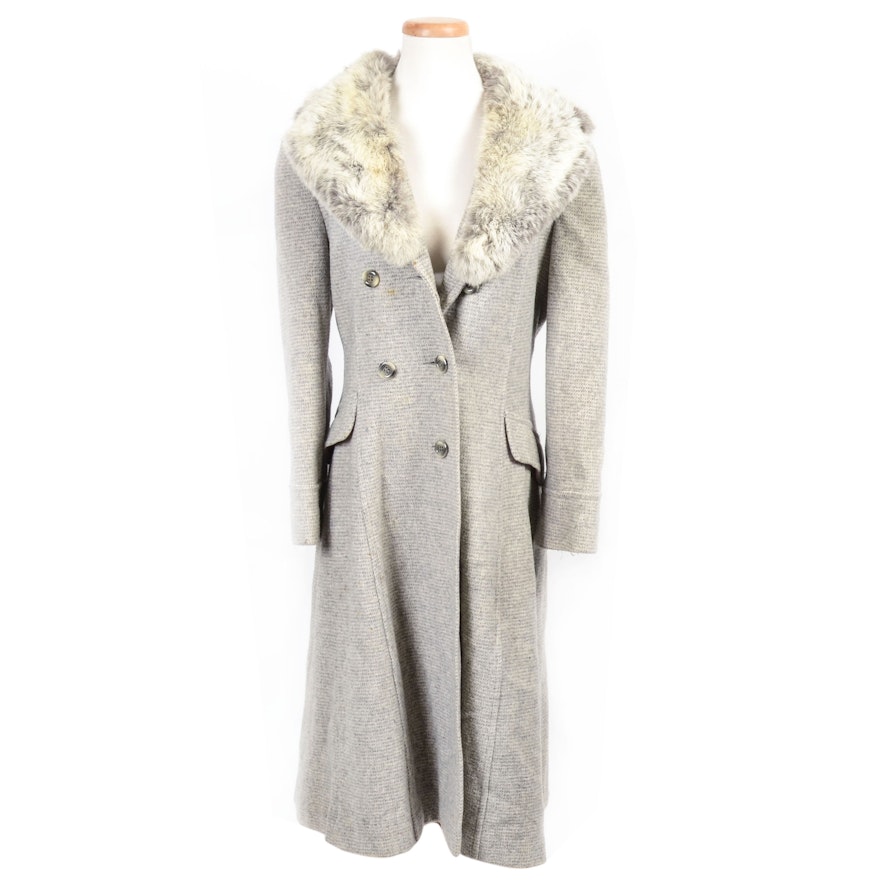 Gray Tweed Coat with a Rabbit Fur Collar