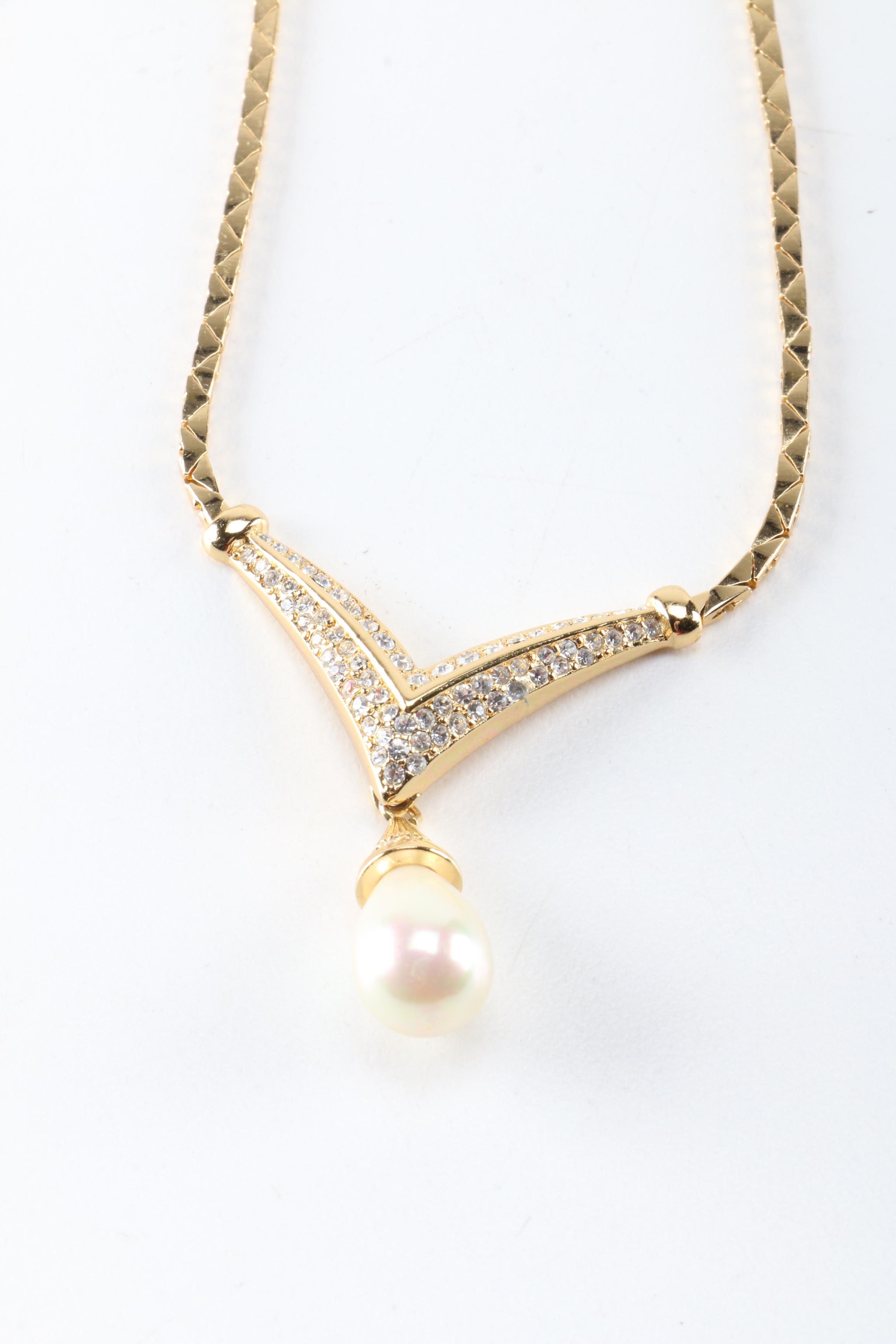 Christian Dior Gold Tone Rhinestone and Faux Pearl Jewelry
