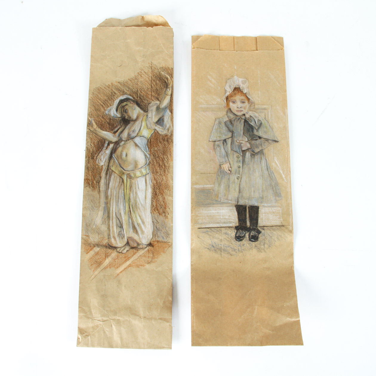 Two Drawings on Paper Bags