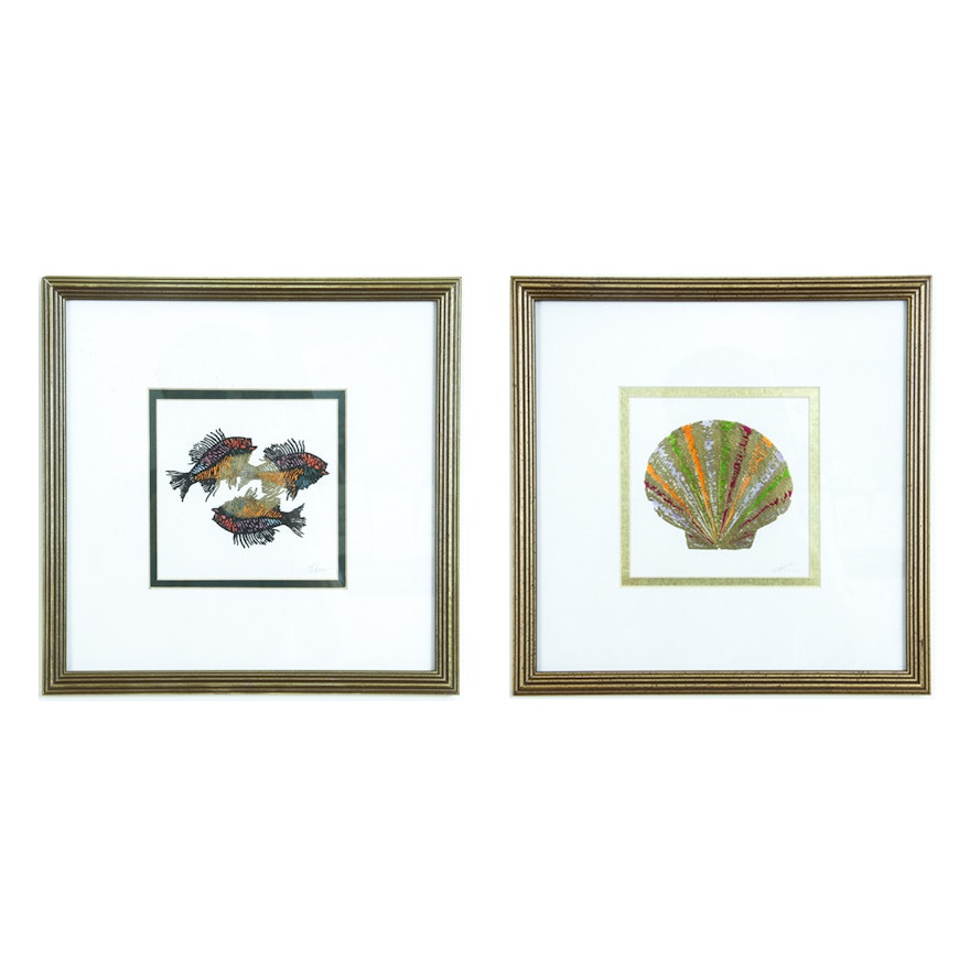 Pair of Prints of a Shell and Fish