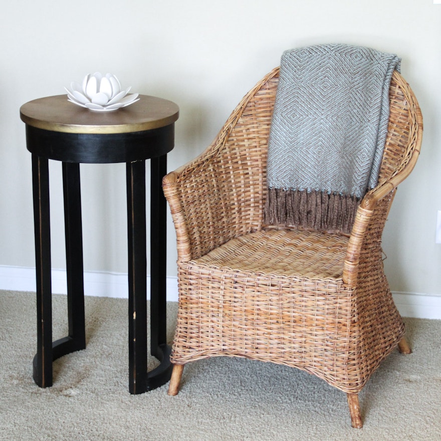 Wicker Chair with Side Table, Throw, and Votive