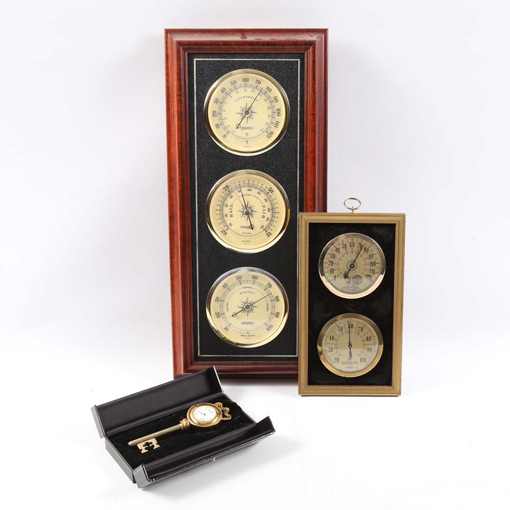 Springfield Wall Barometer, Cooper Thermometer and a Petite Altona Figural Clock