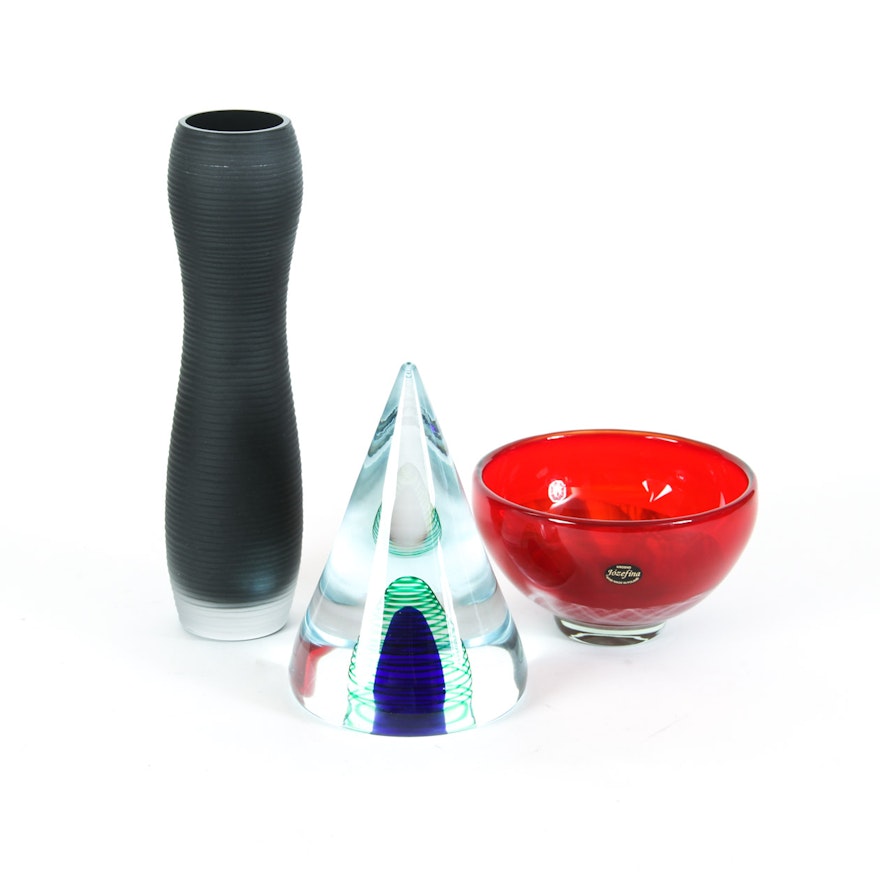 Rosenthal Vase, Krosno Poland Bowl, and Art Glass Paperweight