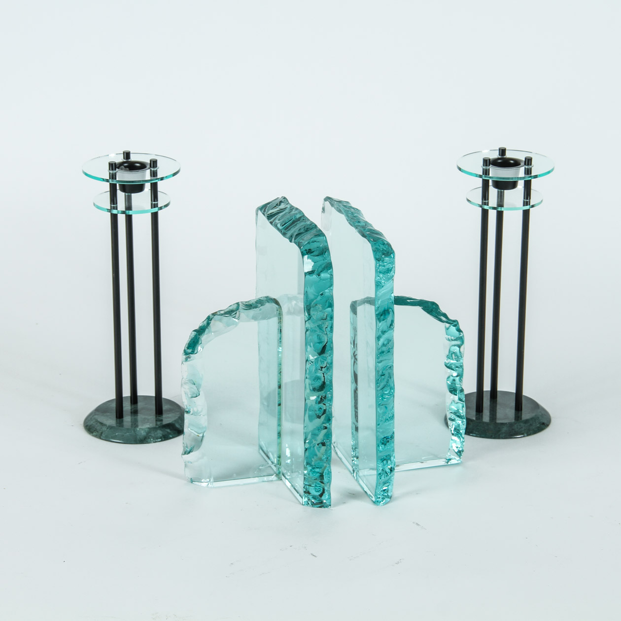 Glass Candlesticks and Bookends