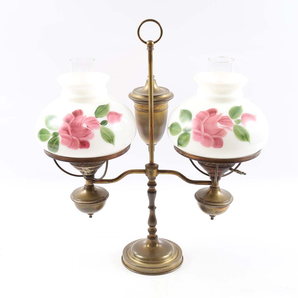Vintage Brass Hurricane Lamp with Painted Floral Shades