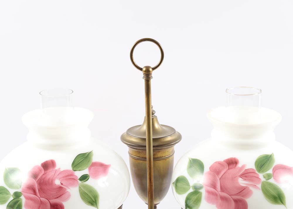 Vintage Brass Hurricane Lamp with Painted Floral Shades
