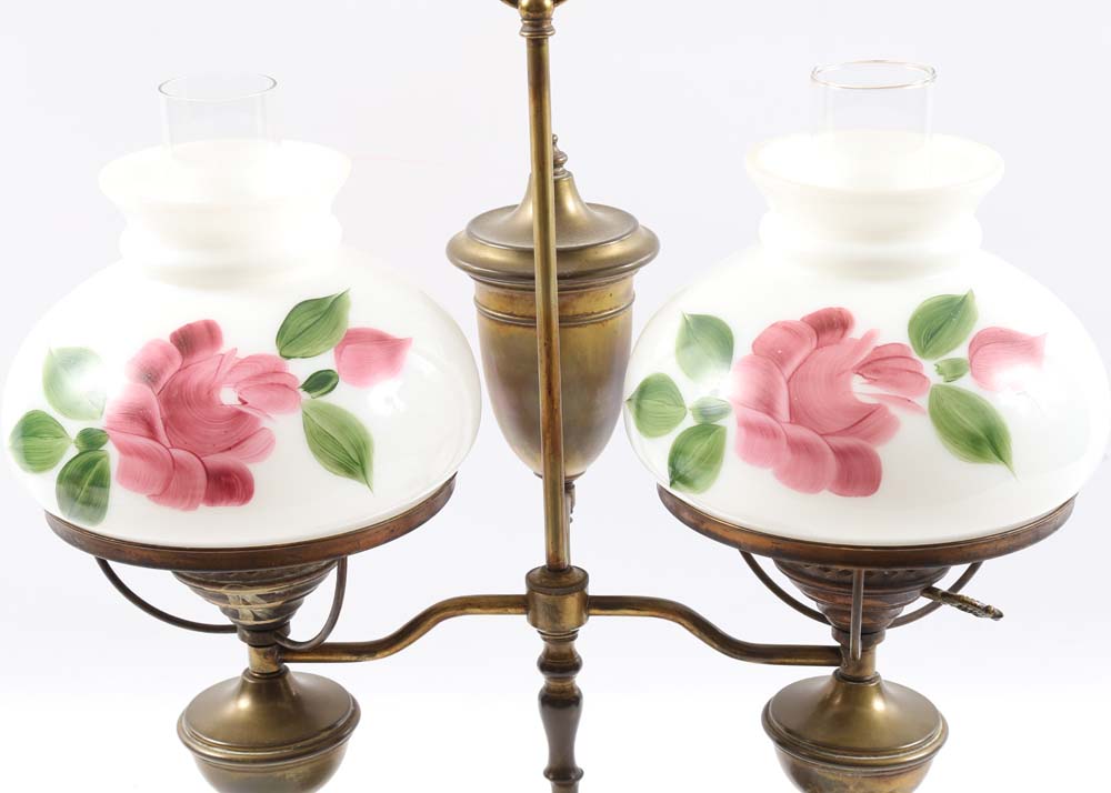 Vintage Brass Hurricane Lamp with Painted Floral Shades
