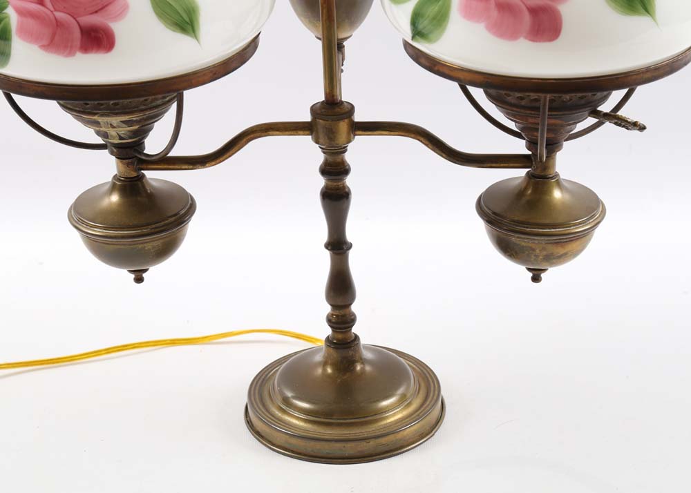 Vintage Brass Hurricane Lamp with Painted Floral Shades