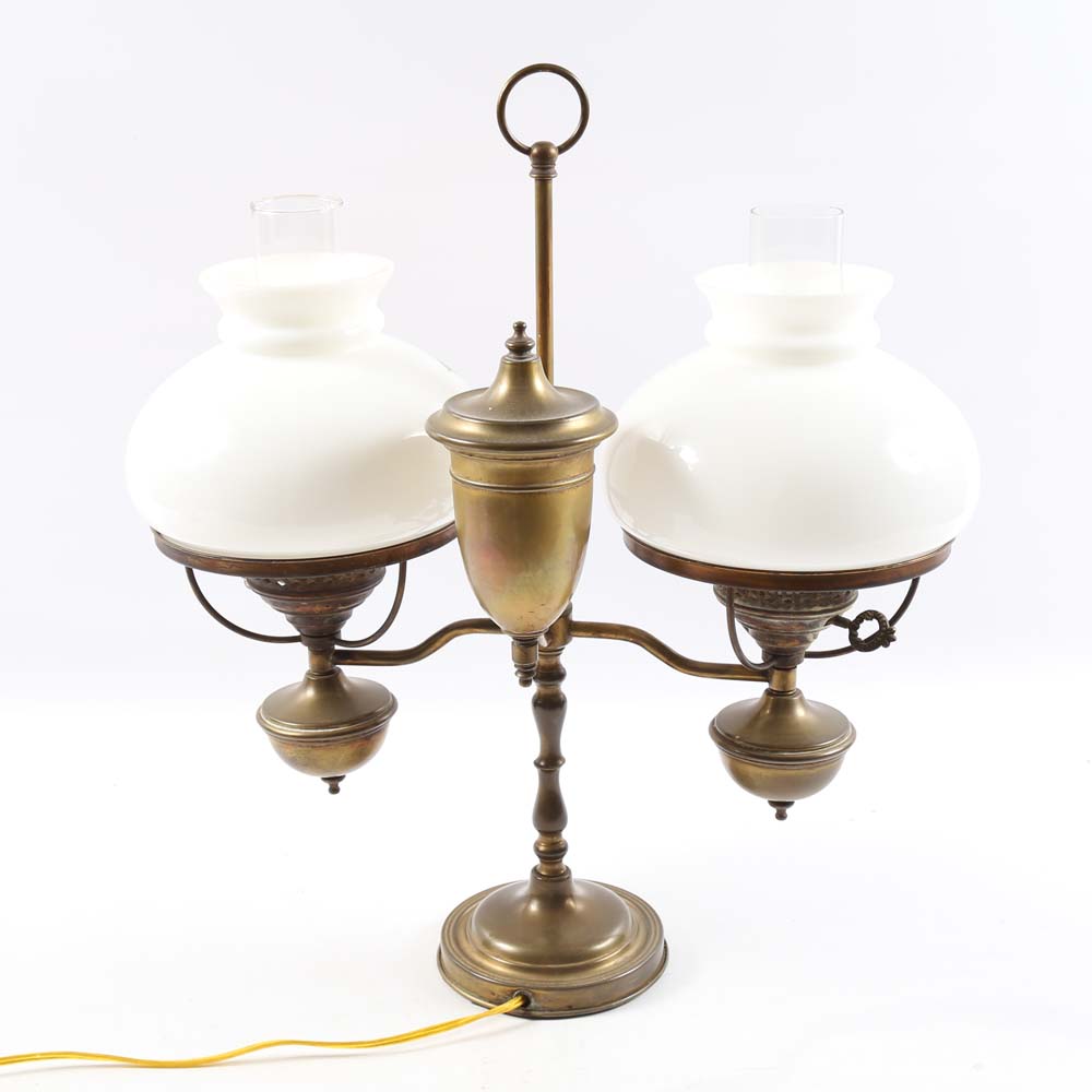 Vintage Brass Hurricane Lamp with Painted Floral Shades