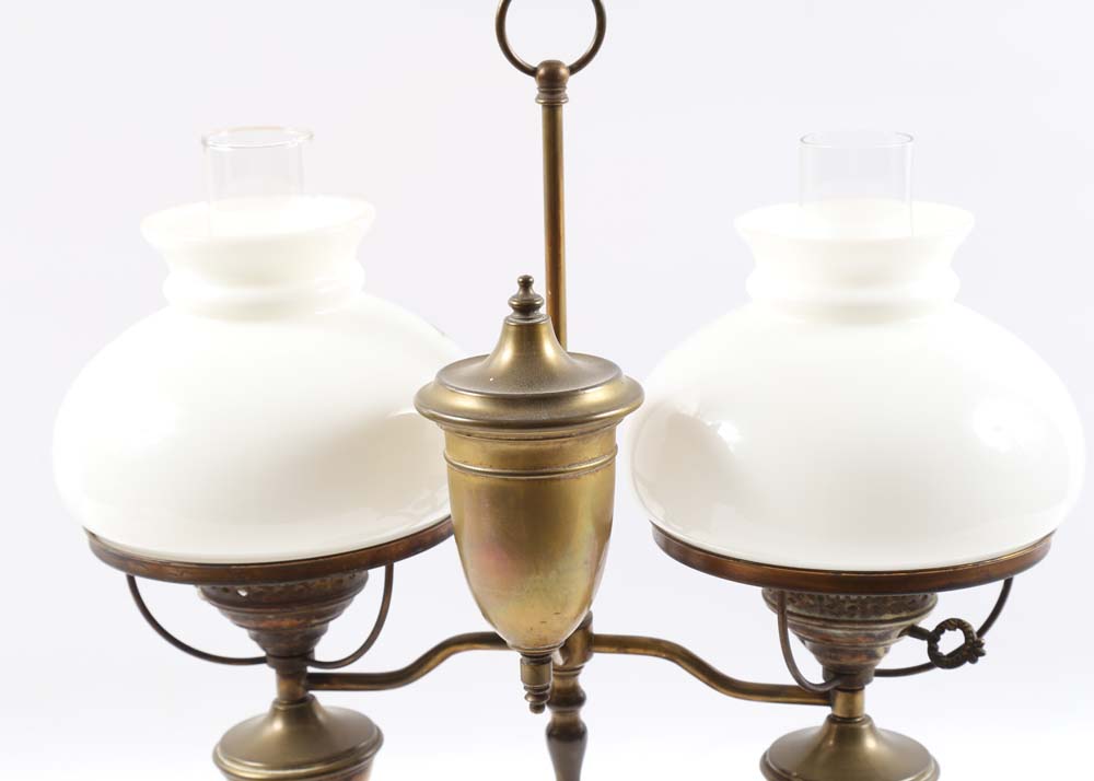 Vintage Brass Hurricane Lamp with Painted Floral Shades