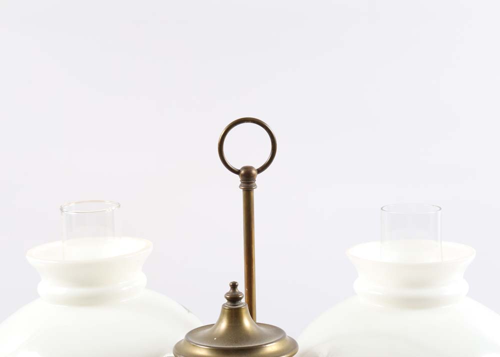 Vintage Brass Hurricane Lamp with Painted Floral Shades