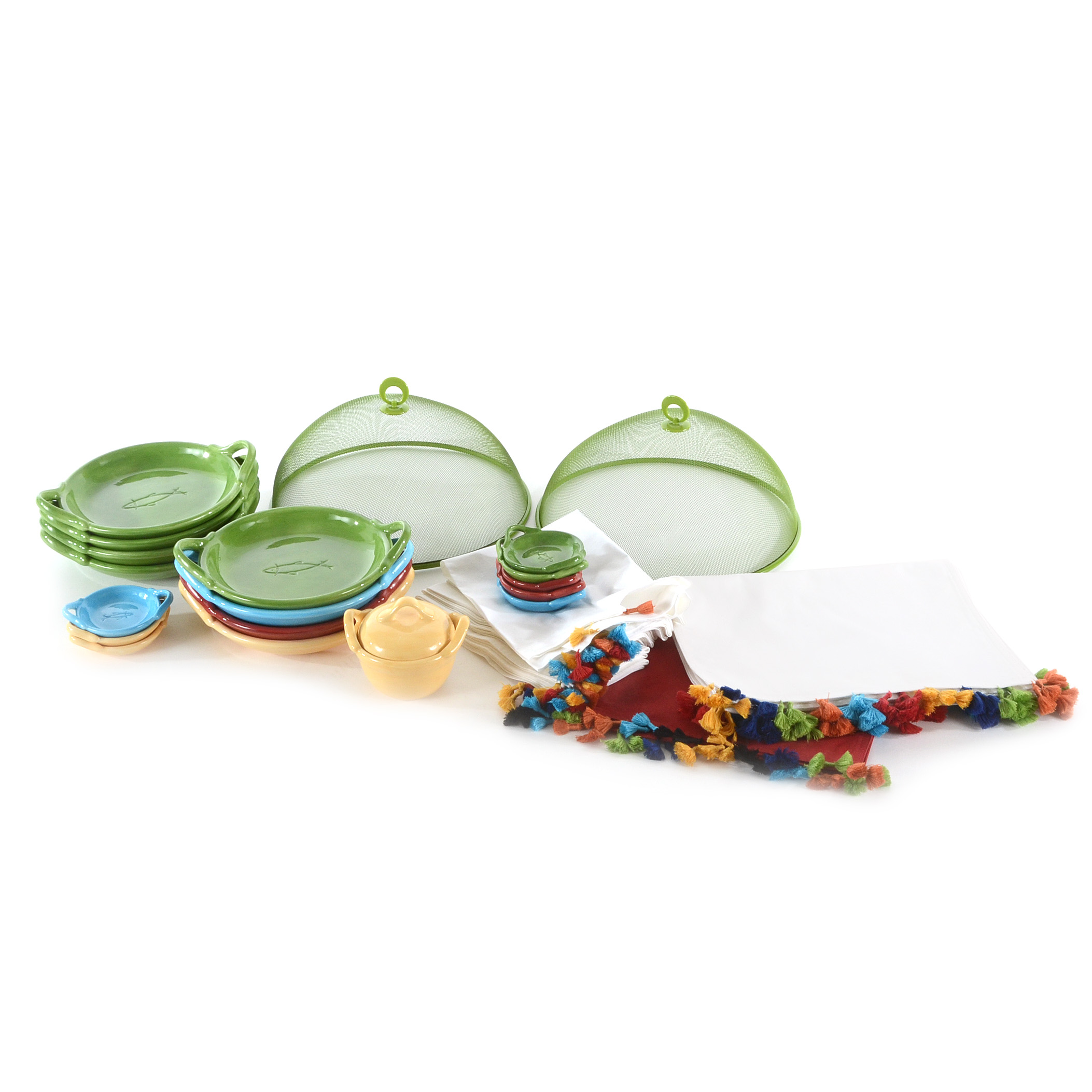 Collection of Pottery Barn Fiesta Ware Dishes and Placemats