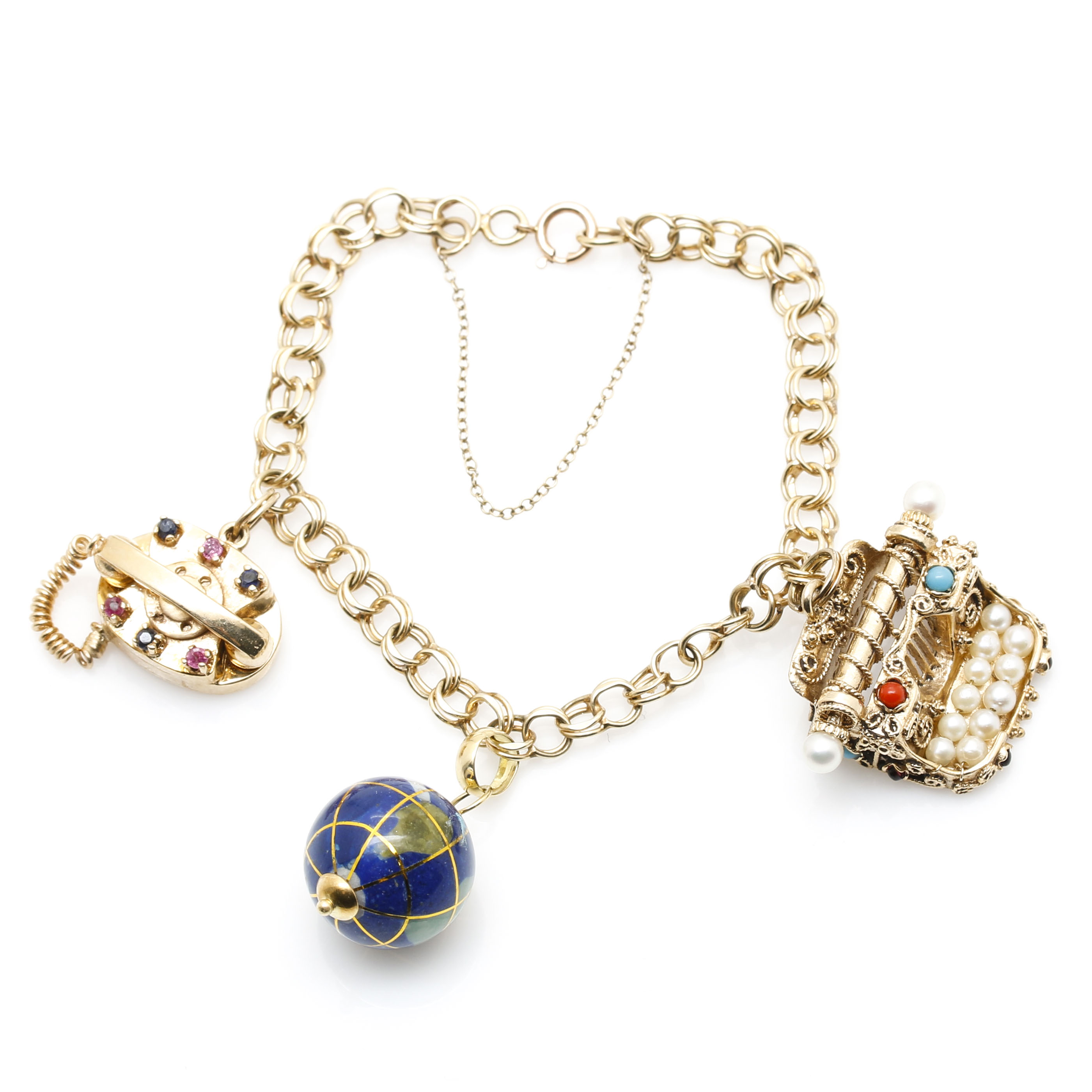 10K, 14K, and 18K Yellow Gold Charmalier Charm Bracelet With Gemstones and Pearls