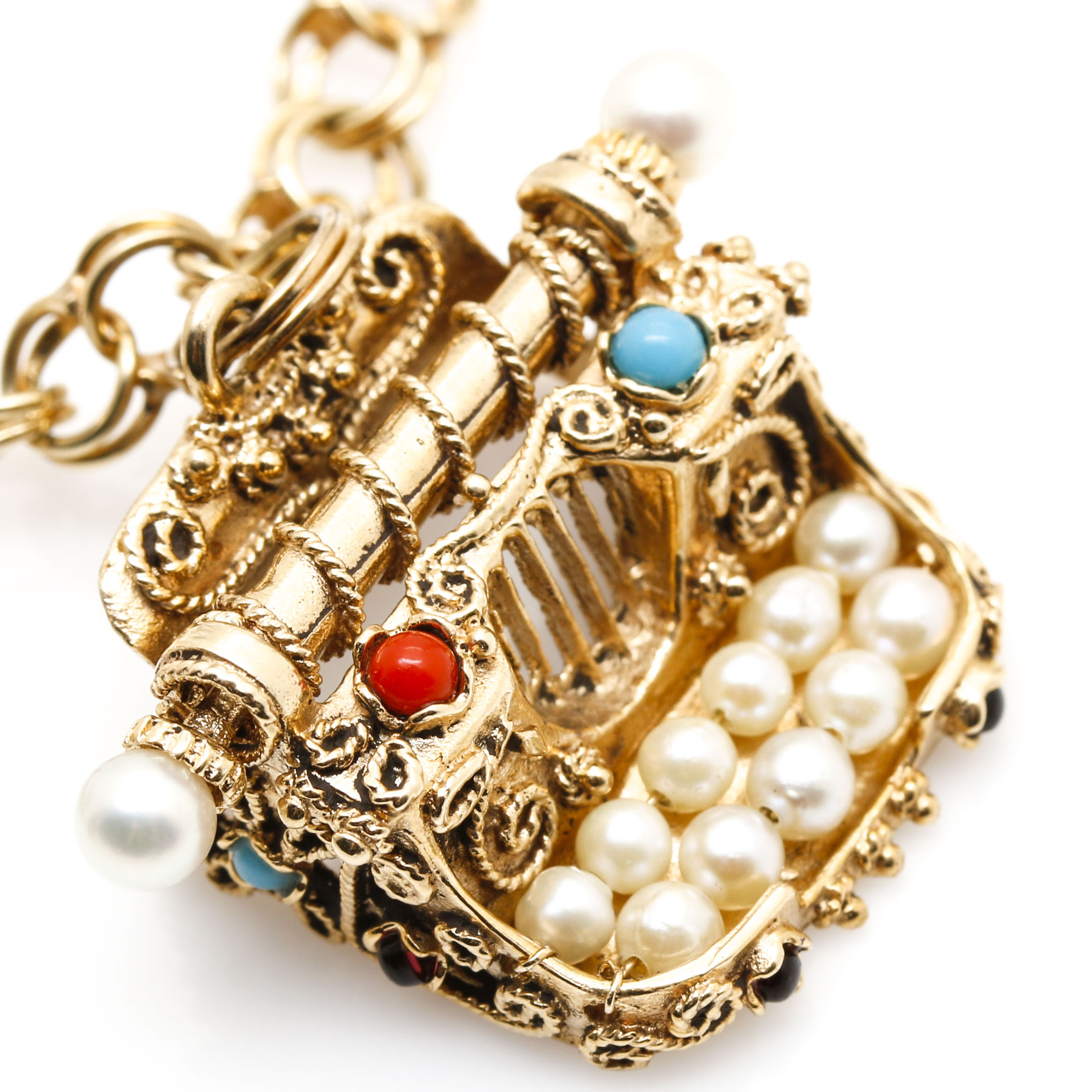 10K, 14K, and 18K Yellow Gold Charmalier Charm Bracelet With Gemstones and Pearls