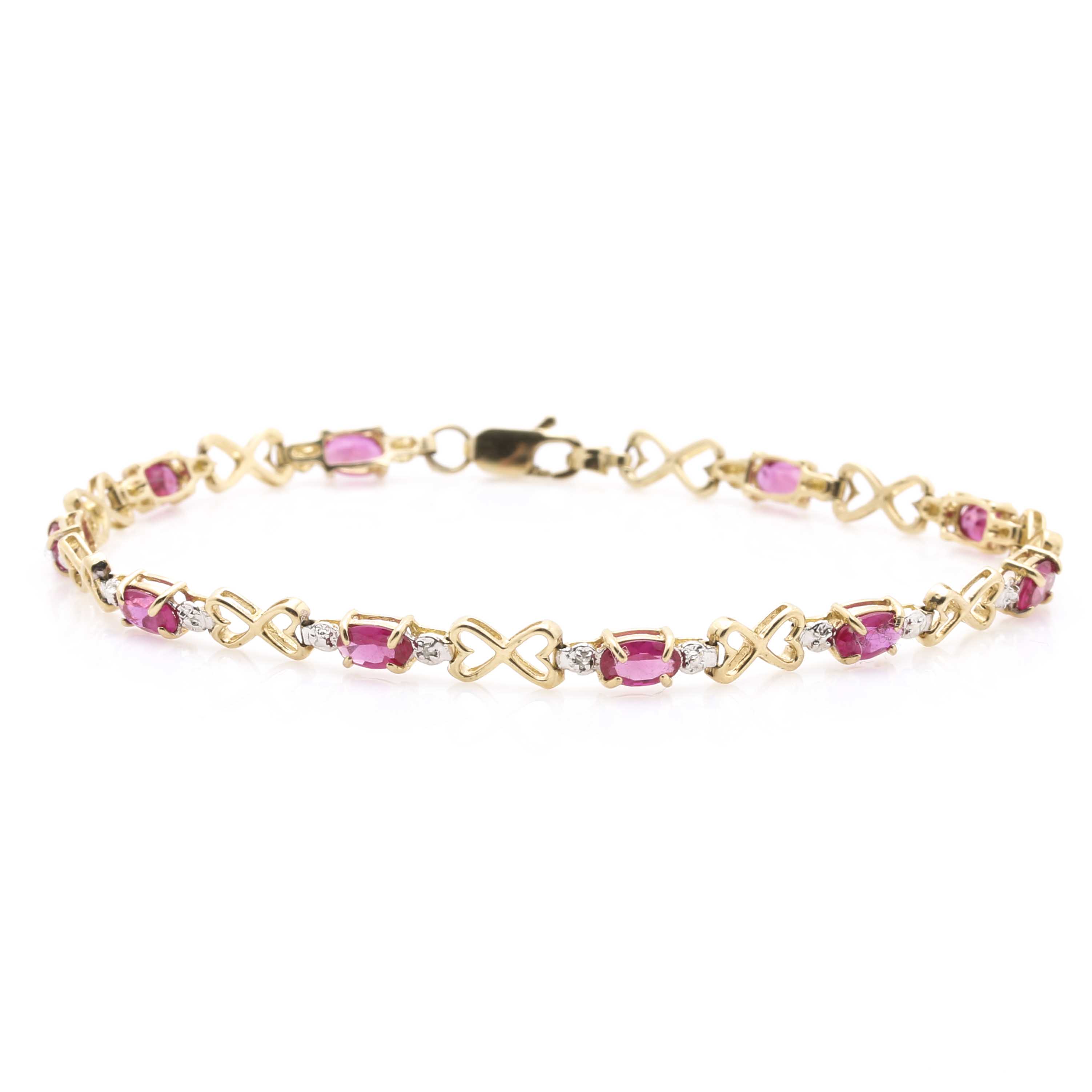 10K Yellow Gold Diamond and Synthetic Ruby Heart Bracelet