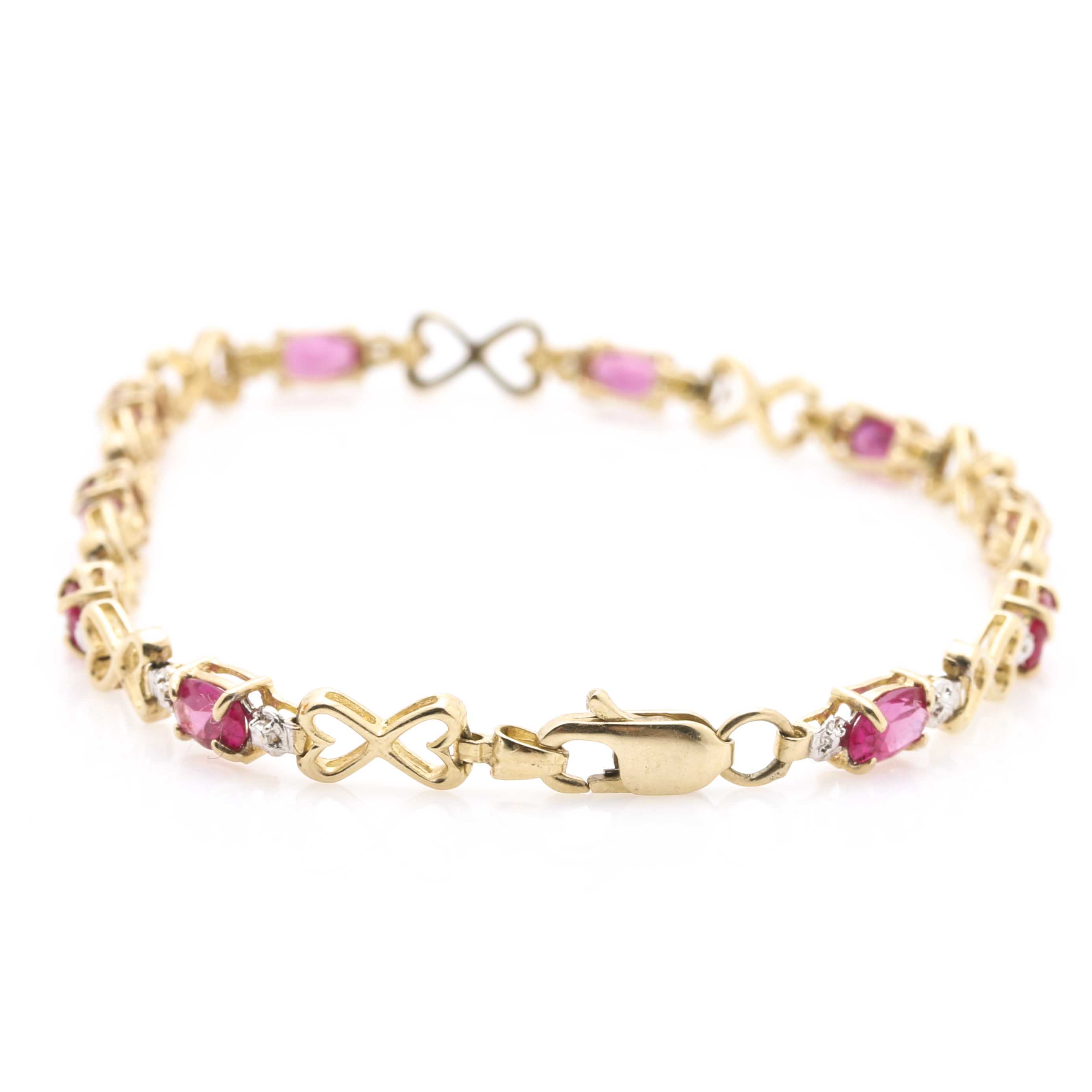 10K Yellow Gold Diamond and Synthetic Ruby Heart Bracelet