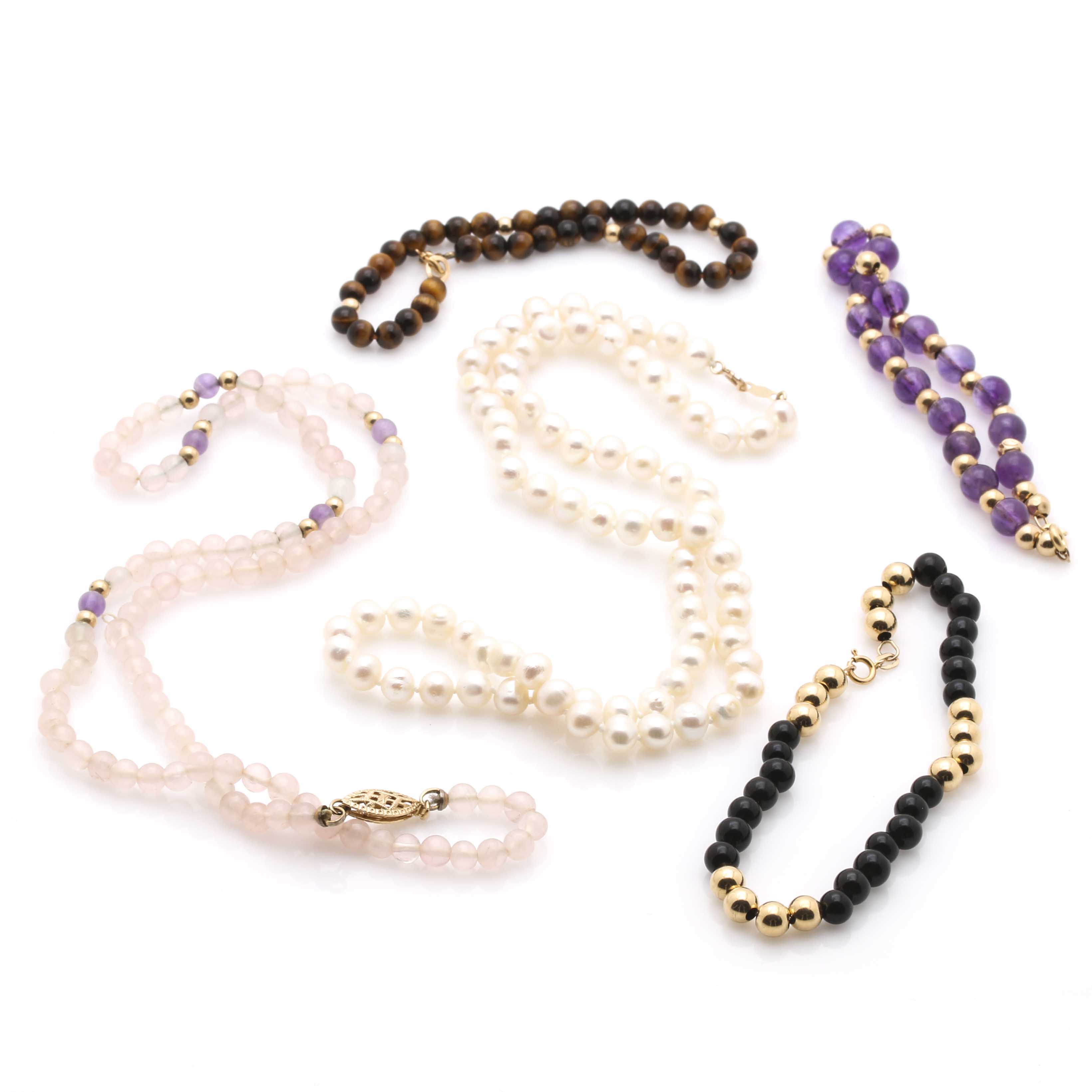 Gemstone Beaded Necklaces and Bracelets With 14K Yellow Gold Findings