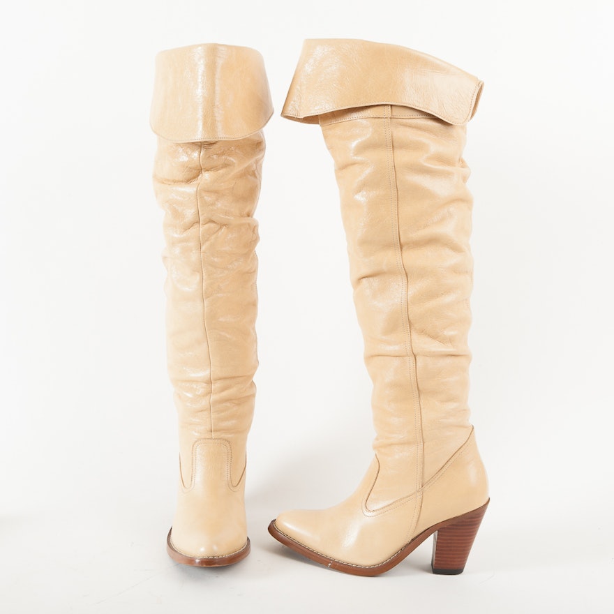 Women's Cream Leather Knee High Boots
