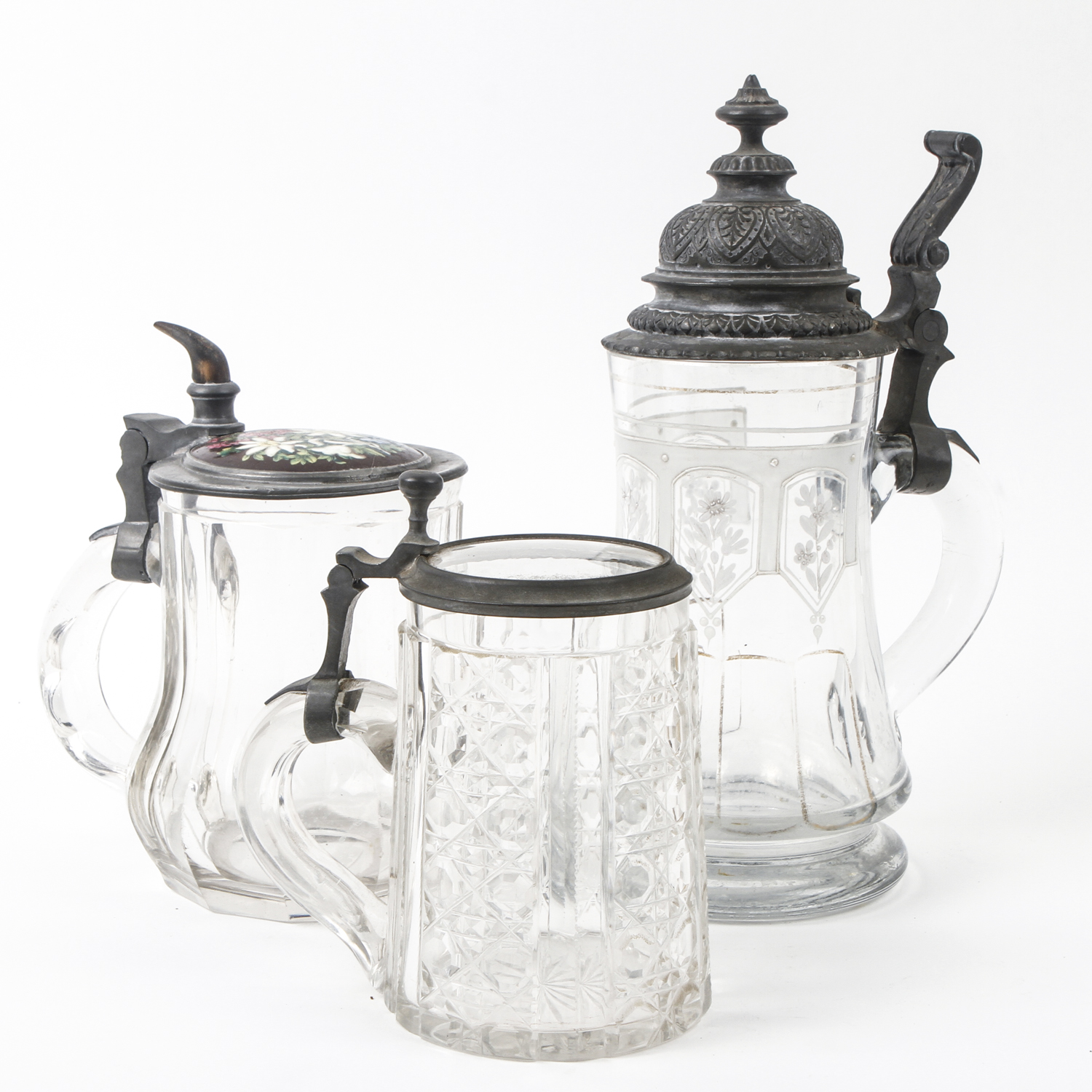 Three Glass and Pewter Beer Steins