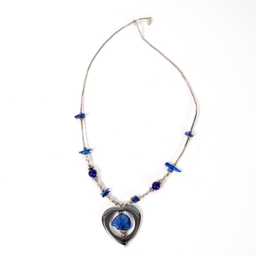 Native American Style Silver and Blue Stone Necklace