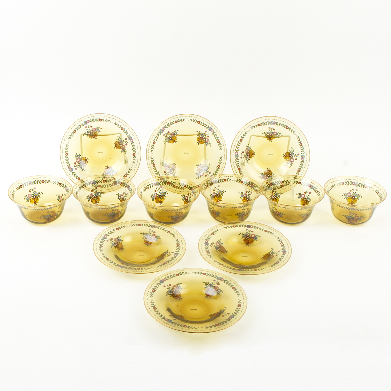 Early 20th Century English Enamel Decorated Topaz Glass Bowls and Under Plates