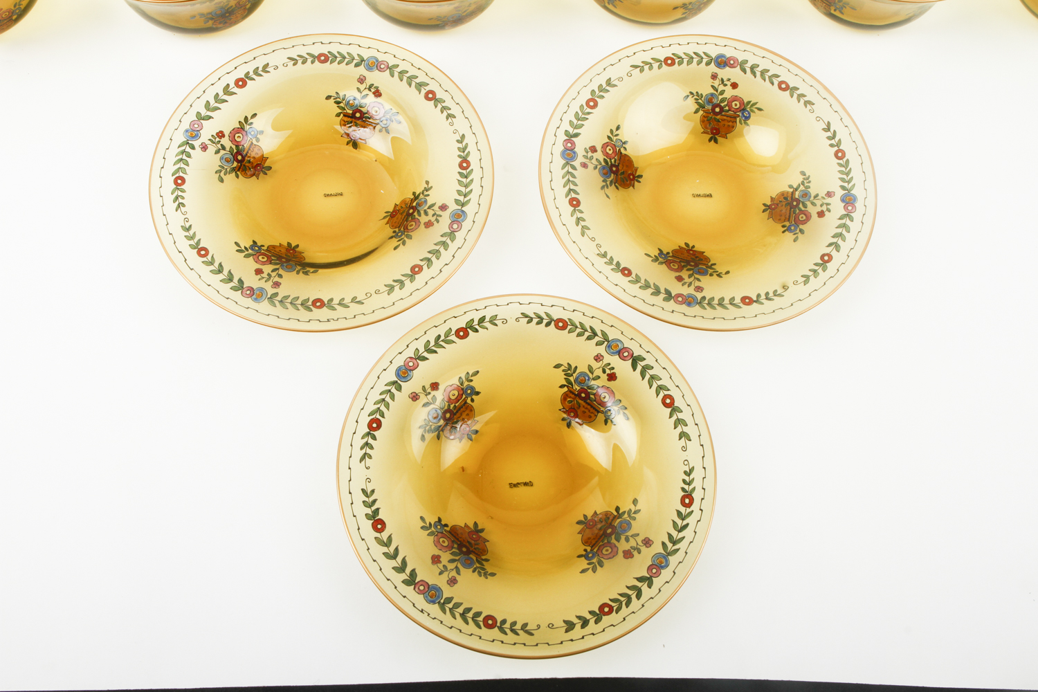 Early 20th Century English Enamel Decorated Topaz Glass Bowls and Under Plates
