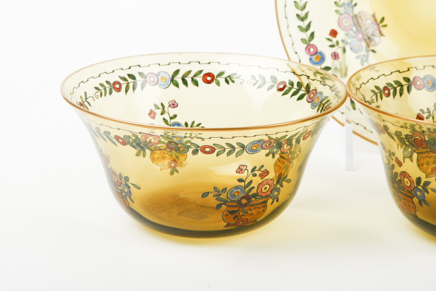 Early 20th Century English Enamel Decorated Topaz Glass Bowls and Under Plates