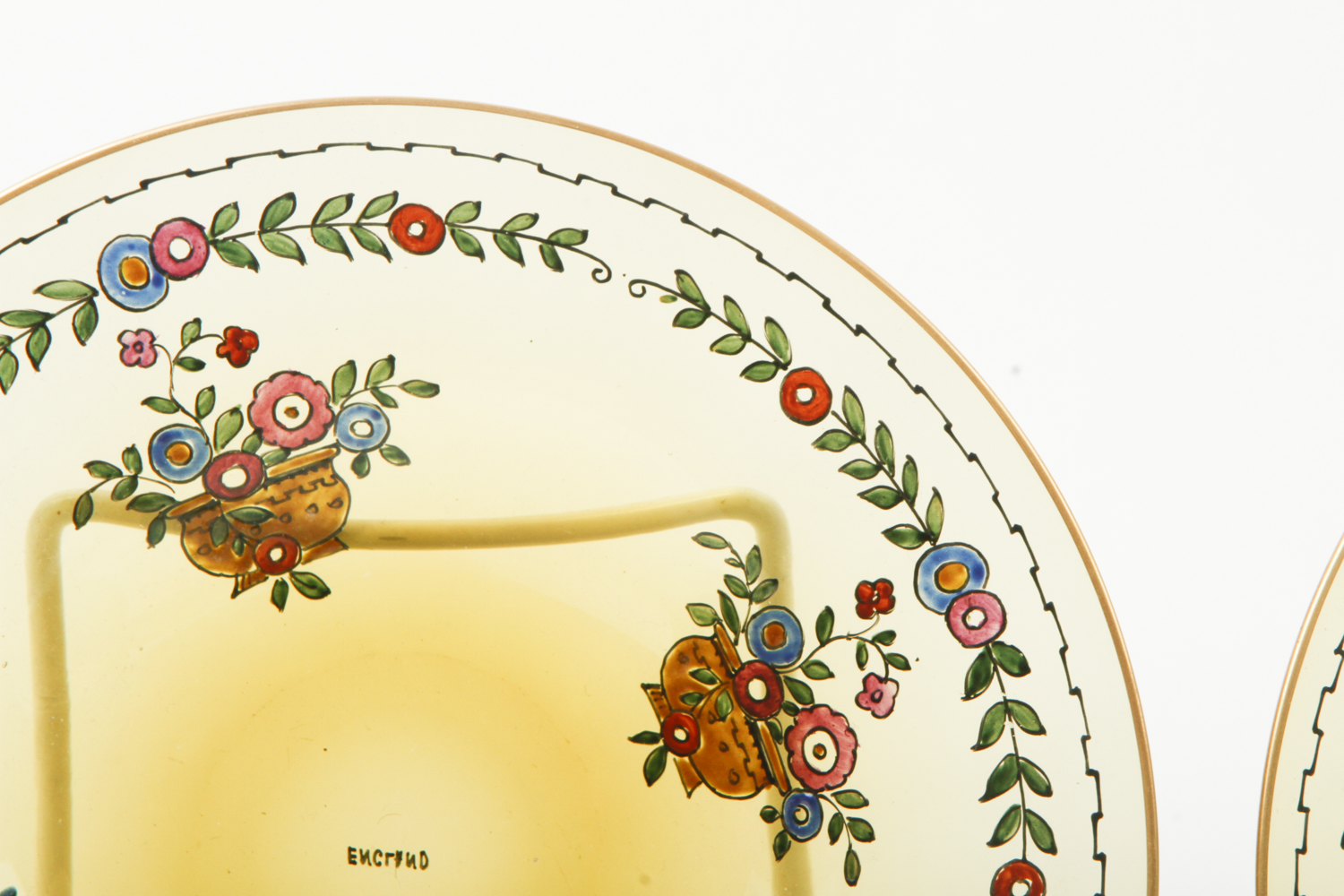 Early 20th Century English Enamel Decorated Topaz Glass Bowls and Under Plates