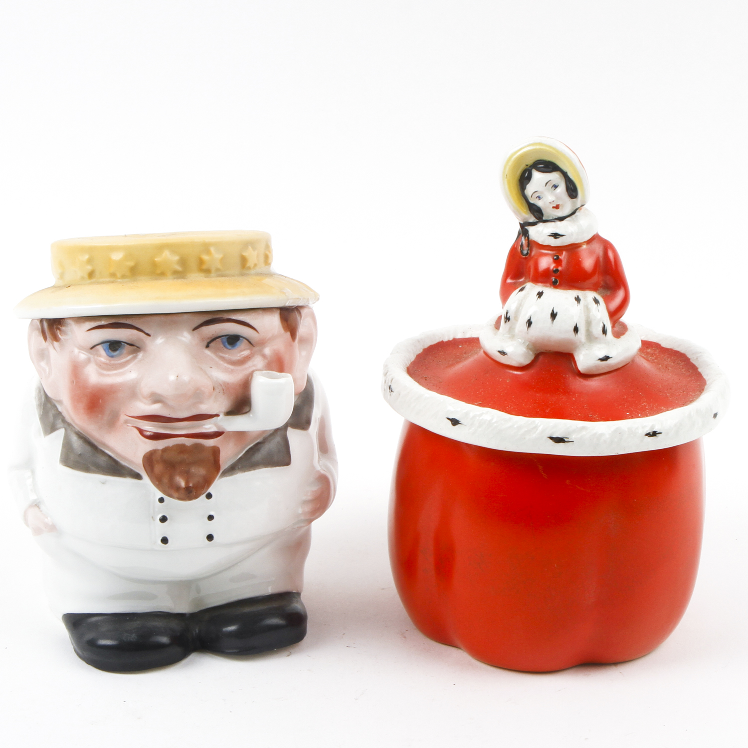 Two Figural Porcelain Tobacco Jars Including Ca. 1910 Wilkinson Potteries