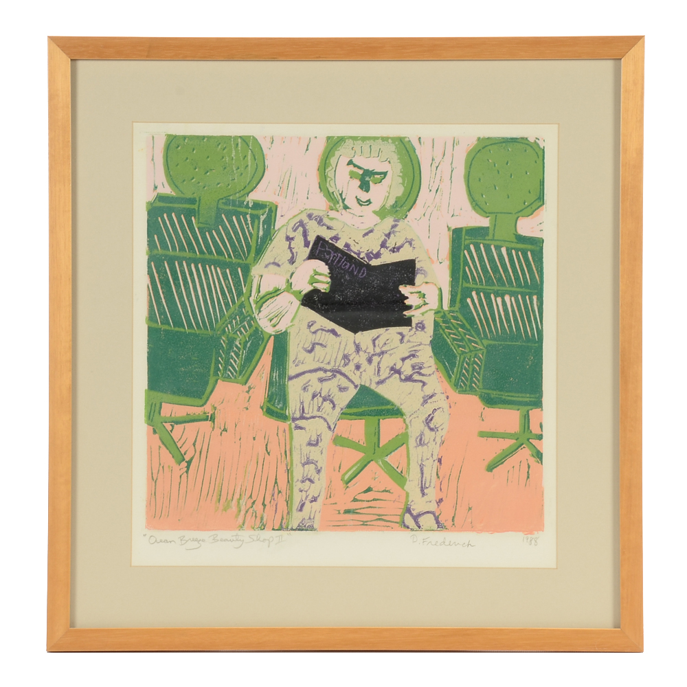 D. Frederick Original 1988 Color Linocut Print "Ocean Breeze Beauty Shop II"