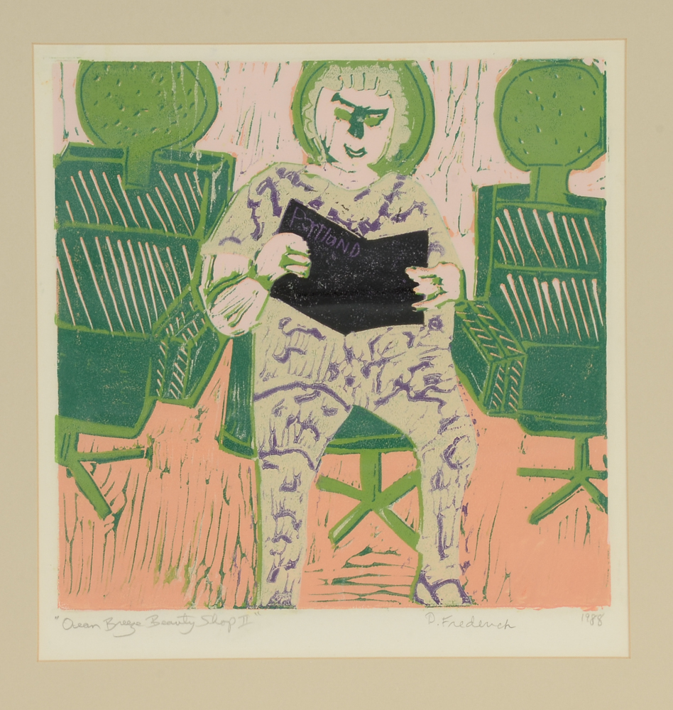 D. Frederick Original 1988 Color Linocut Print "Ocean Breeze Beauty Shop II"
