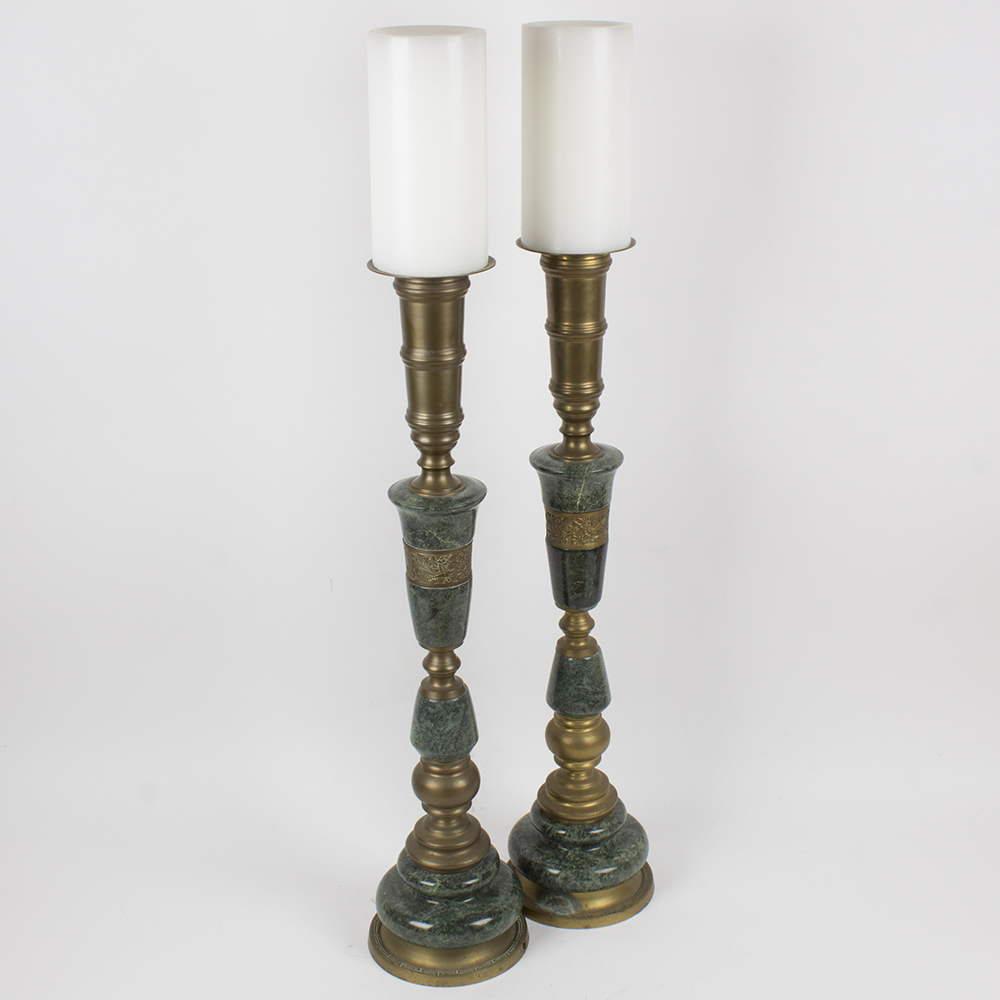 Over-Sized Brass and Dark Green Marble Candlesticks