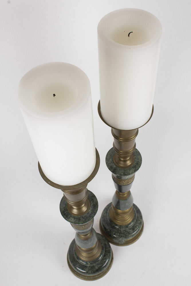 Over-Sized Brass and Dark Green Marble Candlesticks