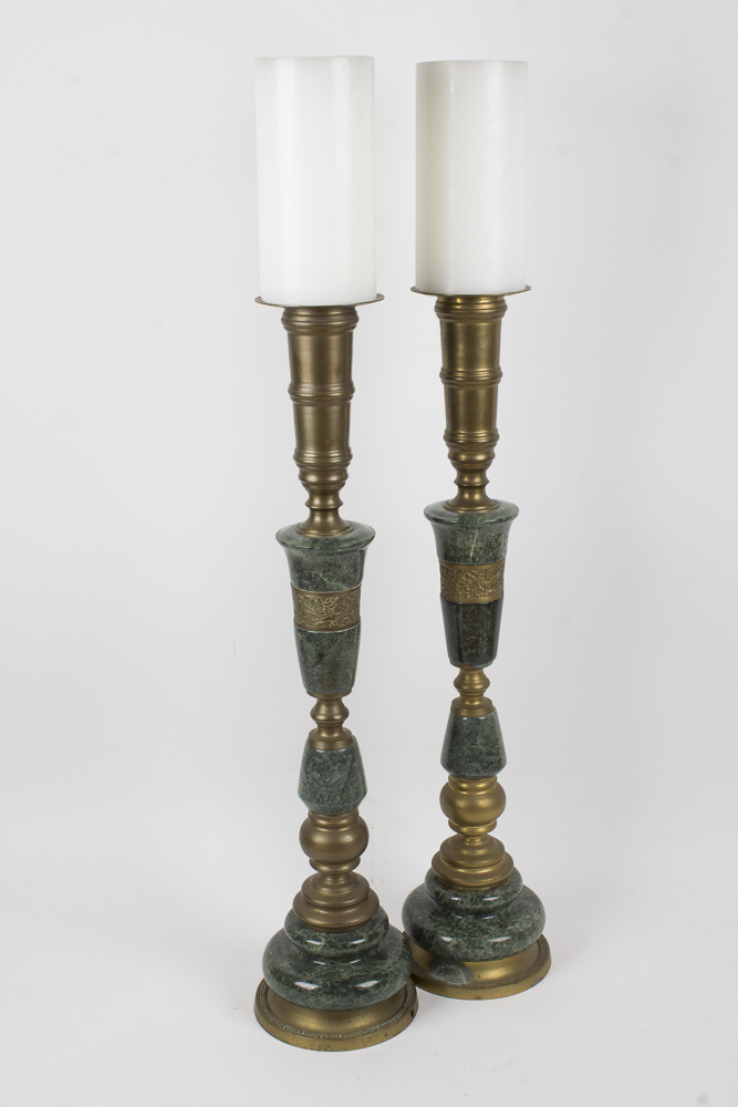 Over-Sized Brass and Dark Green Marble Candlesticks