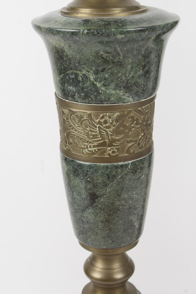 Over-Sized Brass and Dark Green Marble Candlesticks