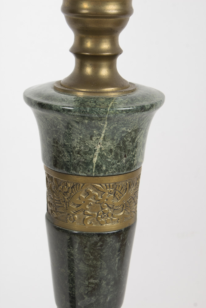 Over-Sized Brass and Dark Green Marble Candlesticks