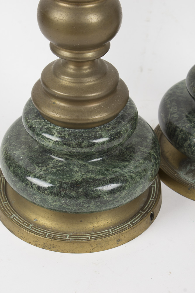 Over-Sized Brass and Dark Green Marble Candlesticks
